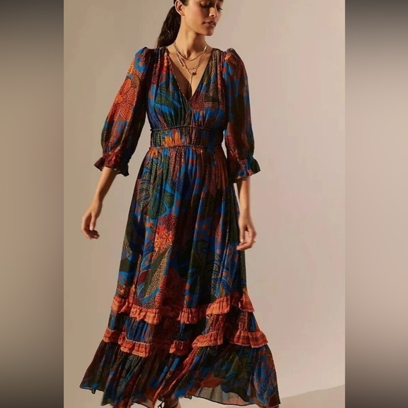 Anthropologie Farm Rio Tropical Blues Puff Sleeve Maxi Dress Size Medium - Picture 1 of 12